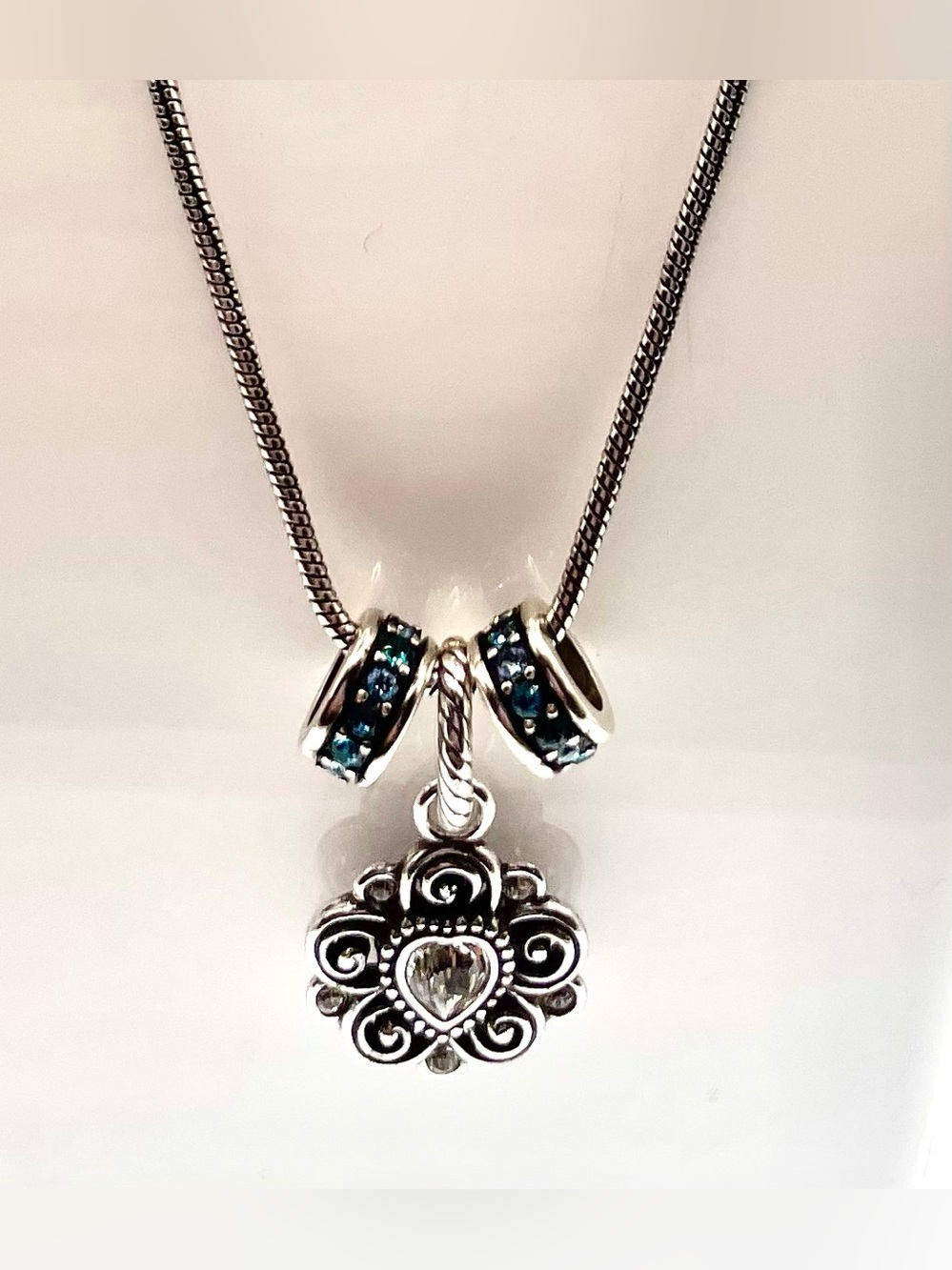 Y2K Brighton Heart Floral Charm Necklace Clear Blue Crystal Accents 26”